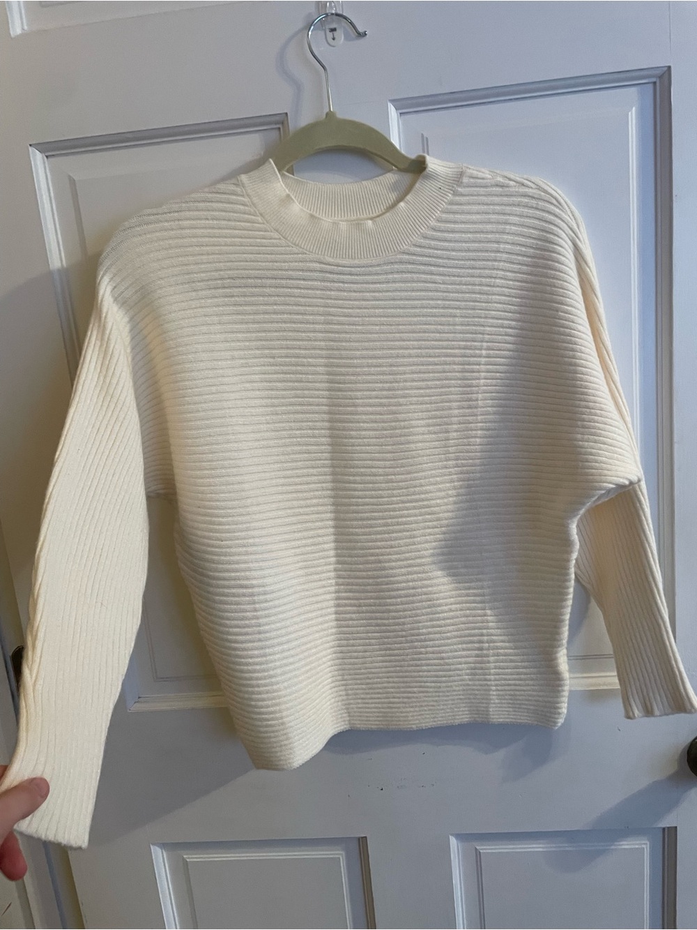 Cream Ribbed Crewneck Sweater - , Women Sweaters
